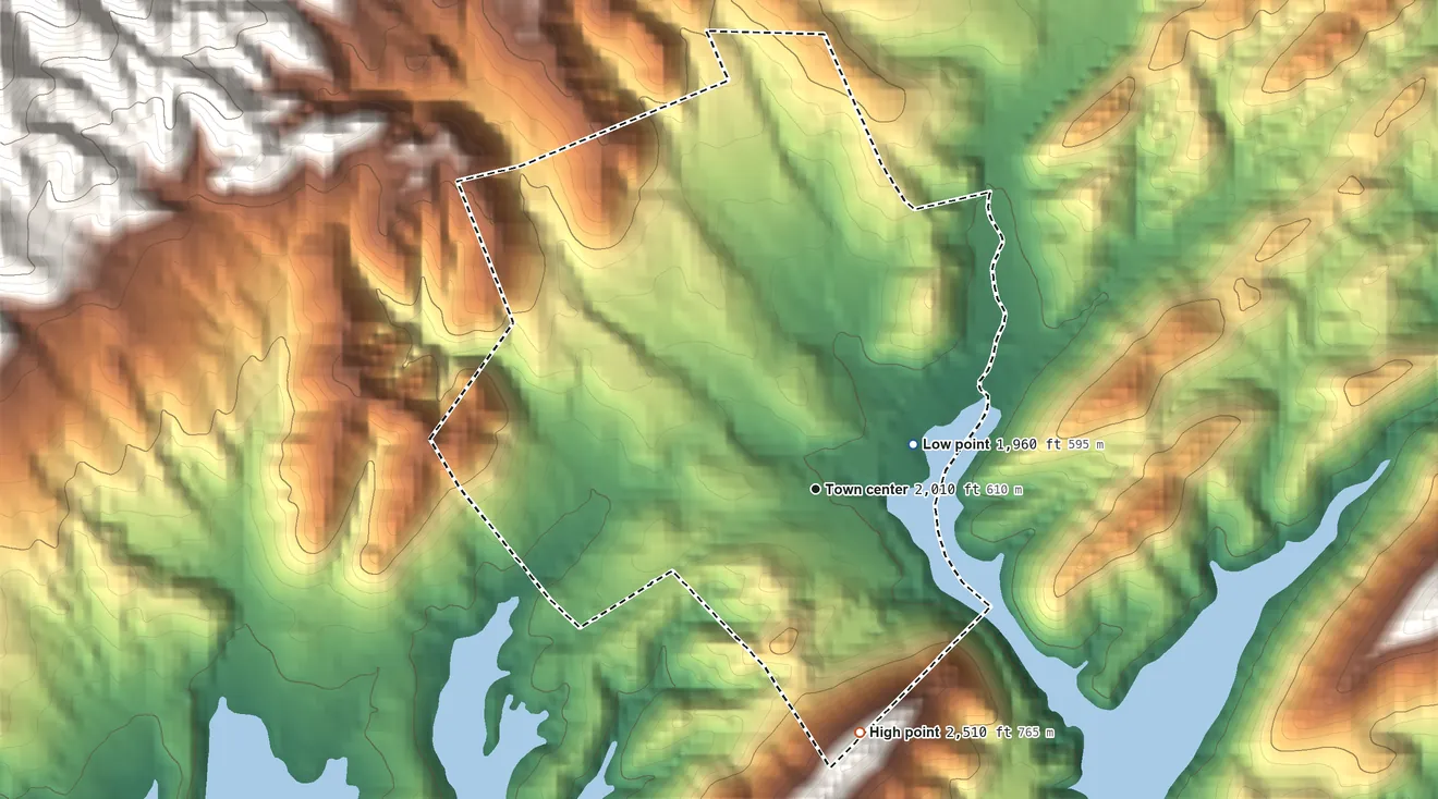 Topographic elevation map of Butler, Tennessee, shaded from 1,960 ft on the northeast side to 2,510 ft on the south edge, below higher ground just outside