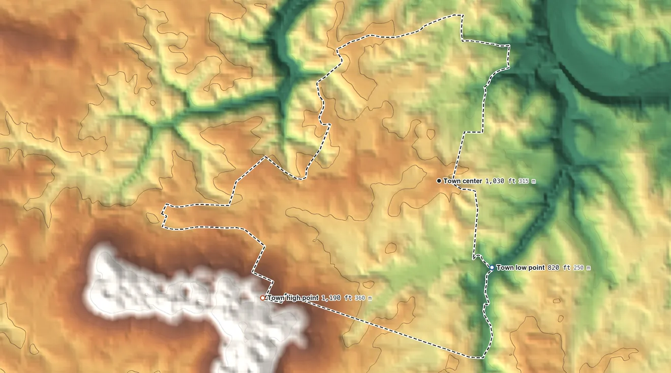 Topographic elevation map of Byrdstown, Tennessee, shaded from 820 ft on the southeast side to 1,190 ft on the southwest side