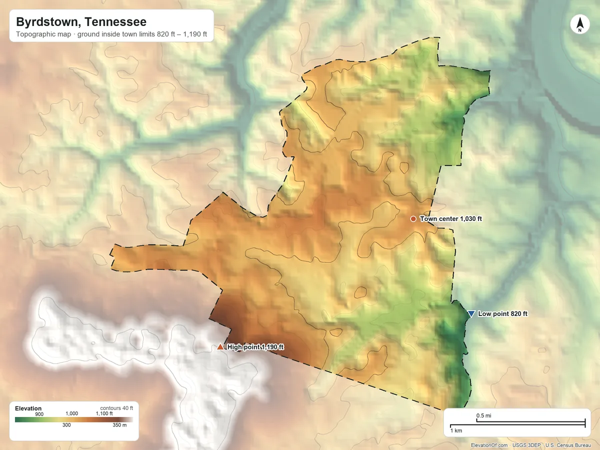Topographic elevation map of Byrdstown, Tennessee, shaded from 820 ft on the southeast side to 1,190 ft on the southwest side