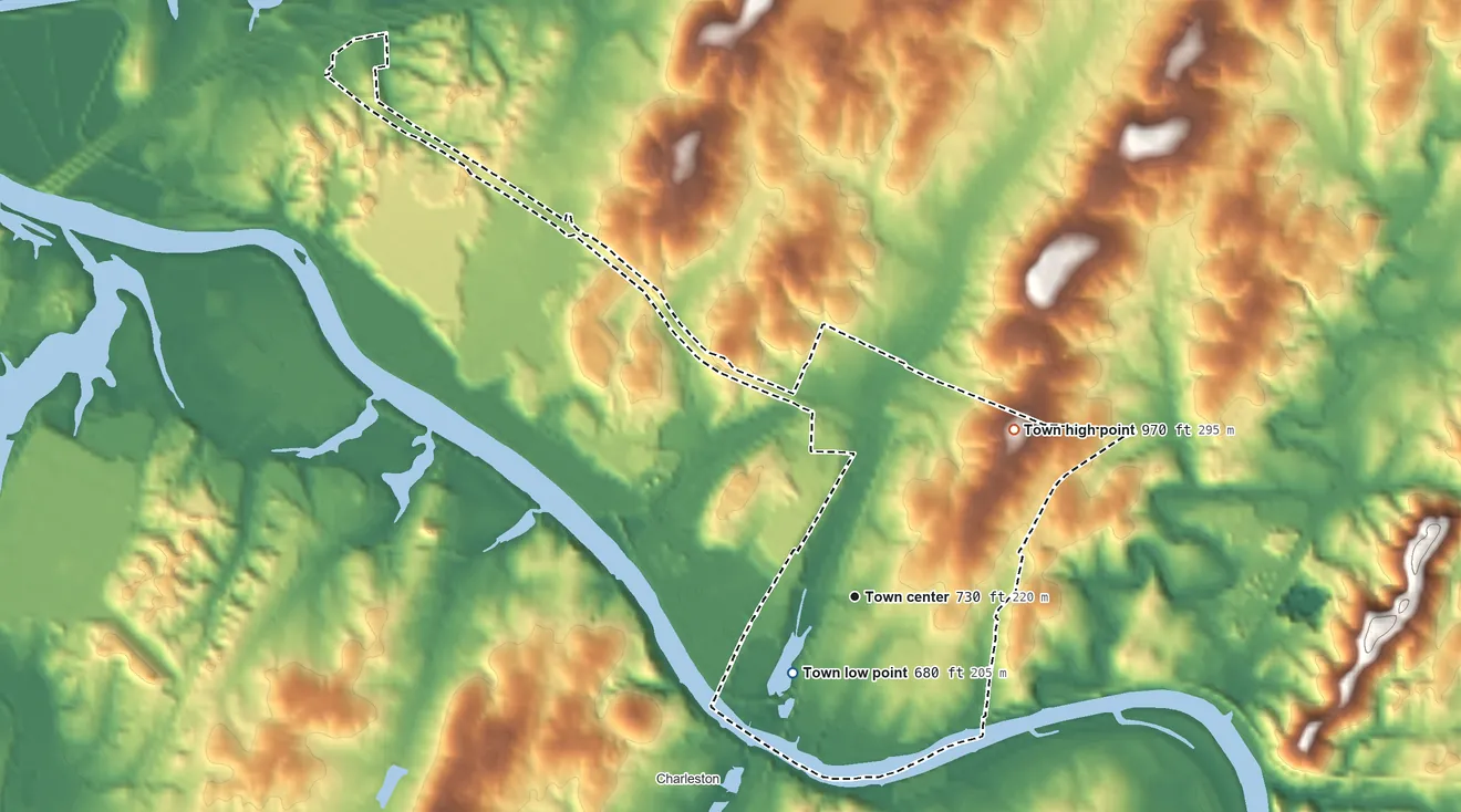 Topographic elevation map of Calhoun, Tennessee, shaded from 680 ft near the middle to 970 ft on the northeast side