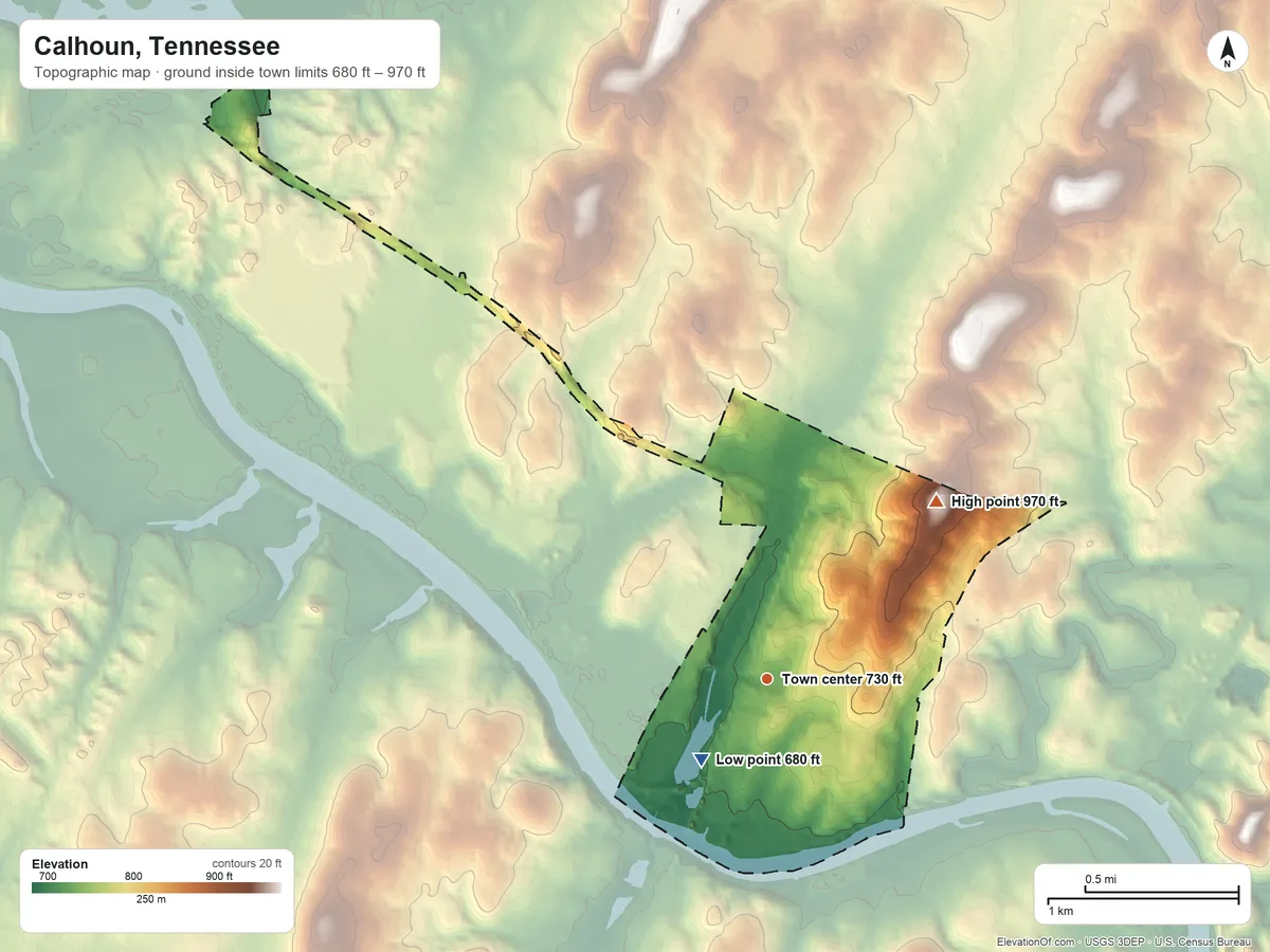 Topographic elevation map of Calhoun, Tennessee, shaded from 680 ft near the middle to 970 ft on the northeast side