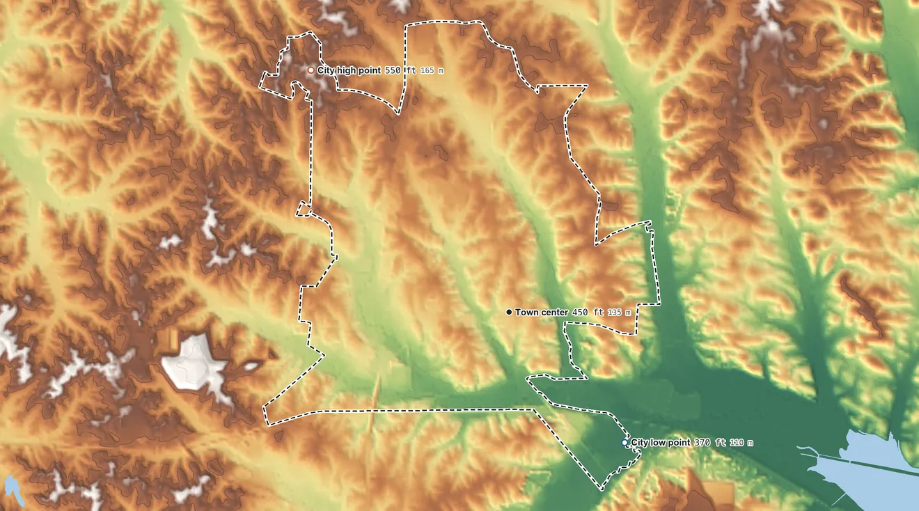 Topographic elevation map of Camden, Tennessee, shaded from 370 ft on the southeast side to 550 ft on the northwest side