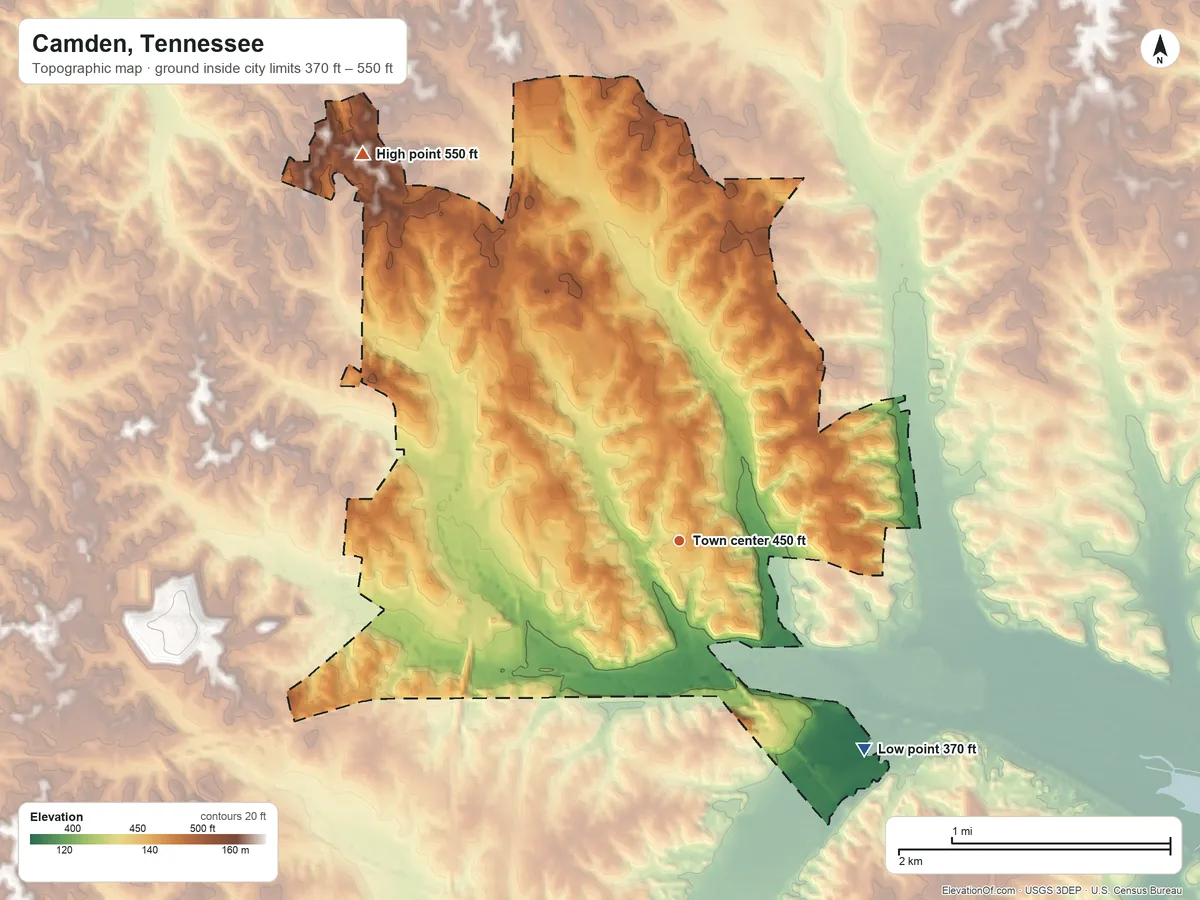 Topographic elevation map of Camden, Tennessee, shaded from 370 ft on the southeast side to 550 ft on the northwest side