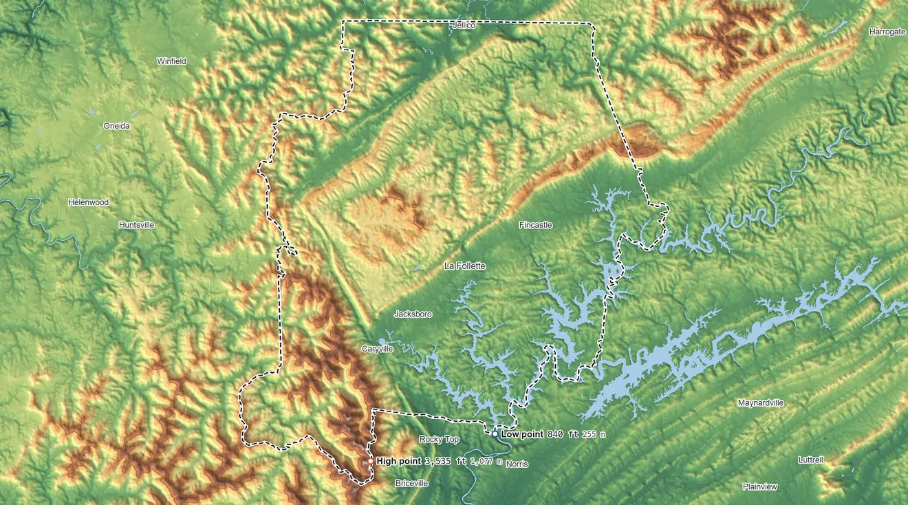 Topographic elevation map of Campbell County, Tennessee, shaded from 840 ft on the south side to 3,535 ft on Cross Mountain