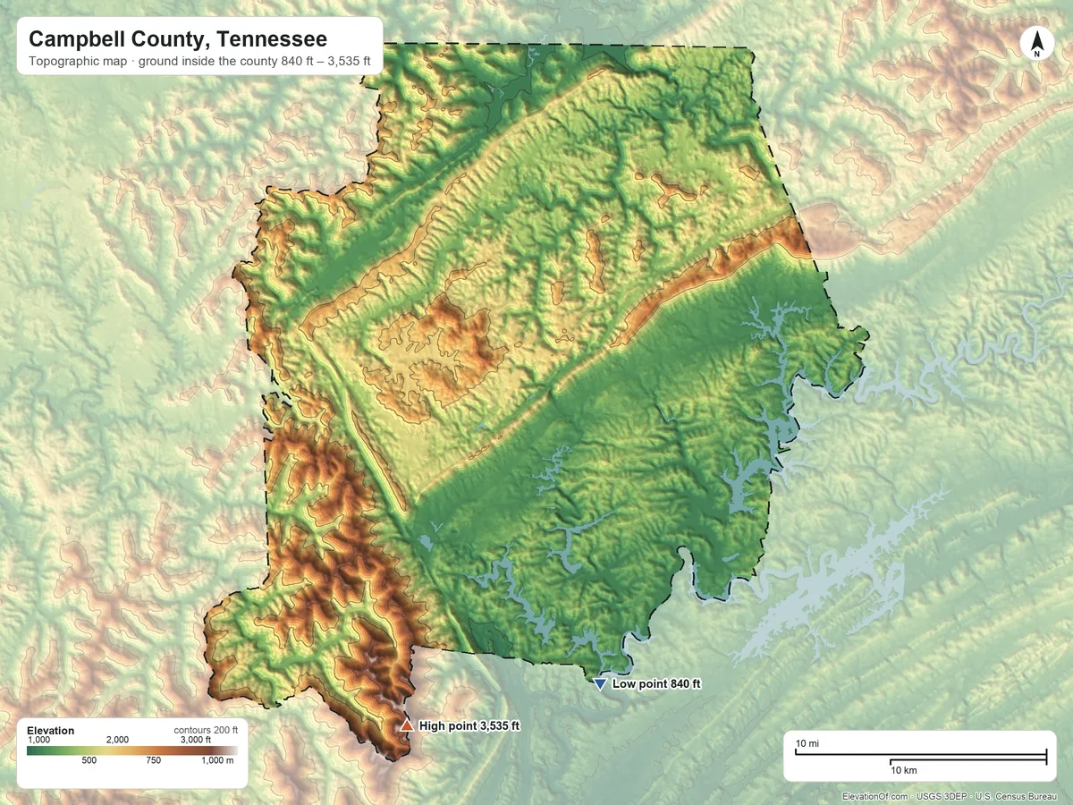 Topographic elevation map of Campbell County, Tennessee, shaded from 840 ft on the south side to 3,535 ft on Cross Mountain