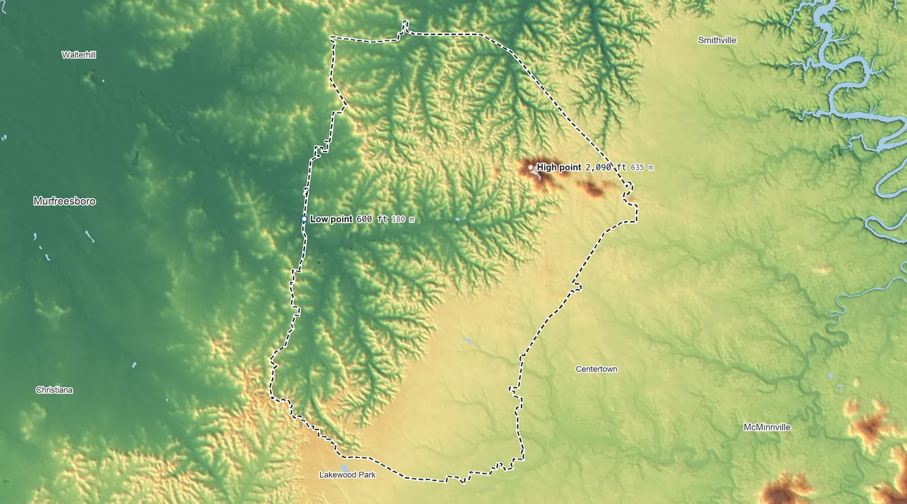Topographic elevation map of Cannon County, Tennessee, shaded from 600 ft on the west side to 2,090 ft on Short Mountain