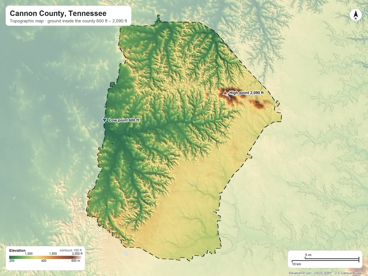 Topographic elevation map of Cannon County, Tennessee, shaded from 600 ft on the west side to 2,090 ft on Short Mountain
