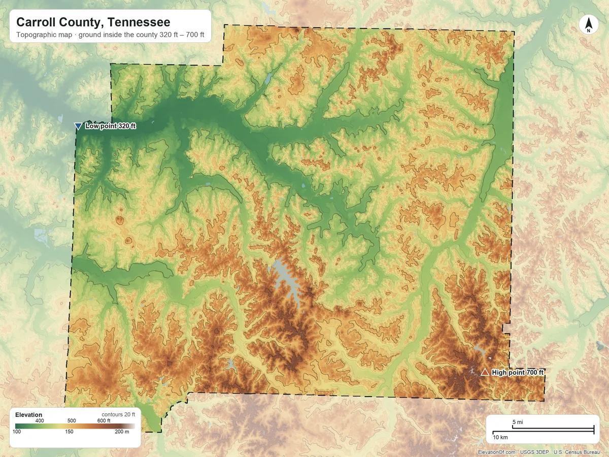Topographic elevation map of Carroll County, Tennessee, shaded from 320 ft on the northwest side to 700 ft on Sand Hill