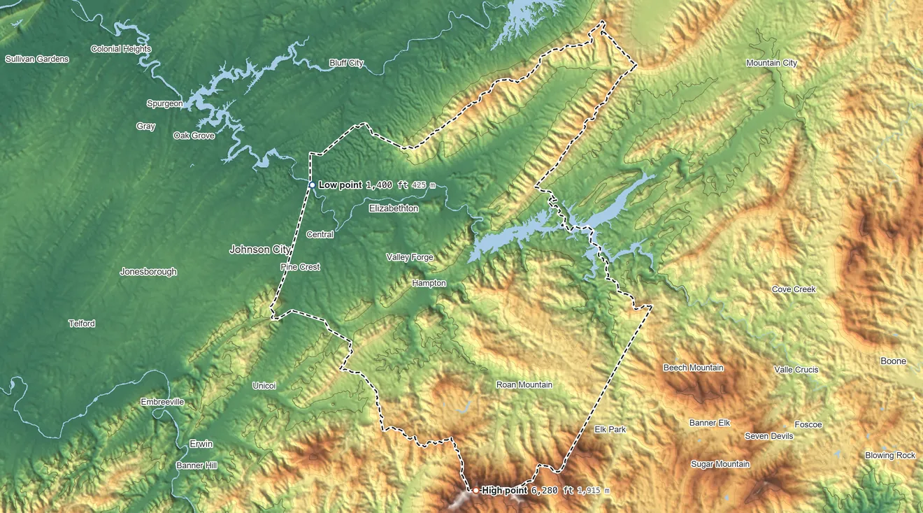 Topographic elevation map of Carter County, Tennessee, shaded from 1,400 ft on the northwest side to 6,280 ft on Roan Mountain