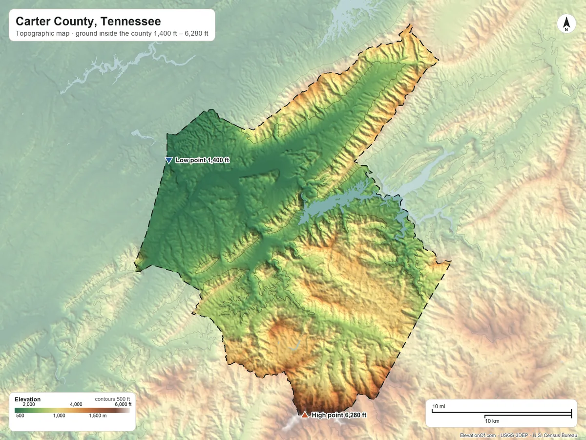 Topographic elevation map of Carter County, Tennessee, shaded from 1,400 ft on the northwest side to 6,280 ft on Roan Mountain