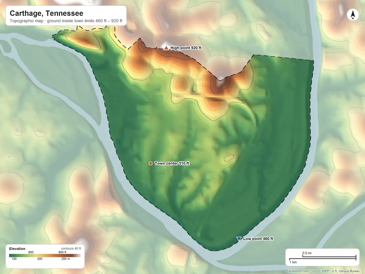 Topographic elevation map of Carthage, Tennessee, shaded from 460 ft on the southeast side to 920 ft on the north edge, below higher ground just outside
