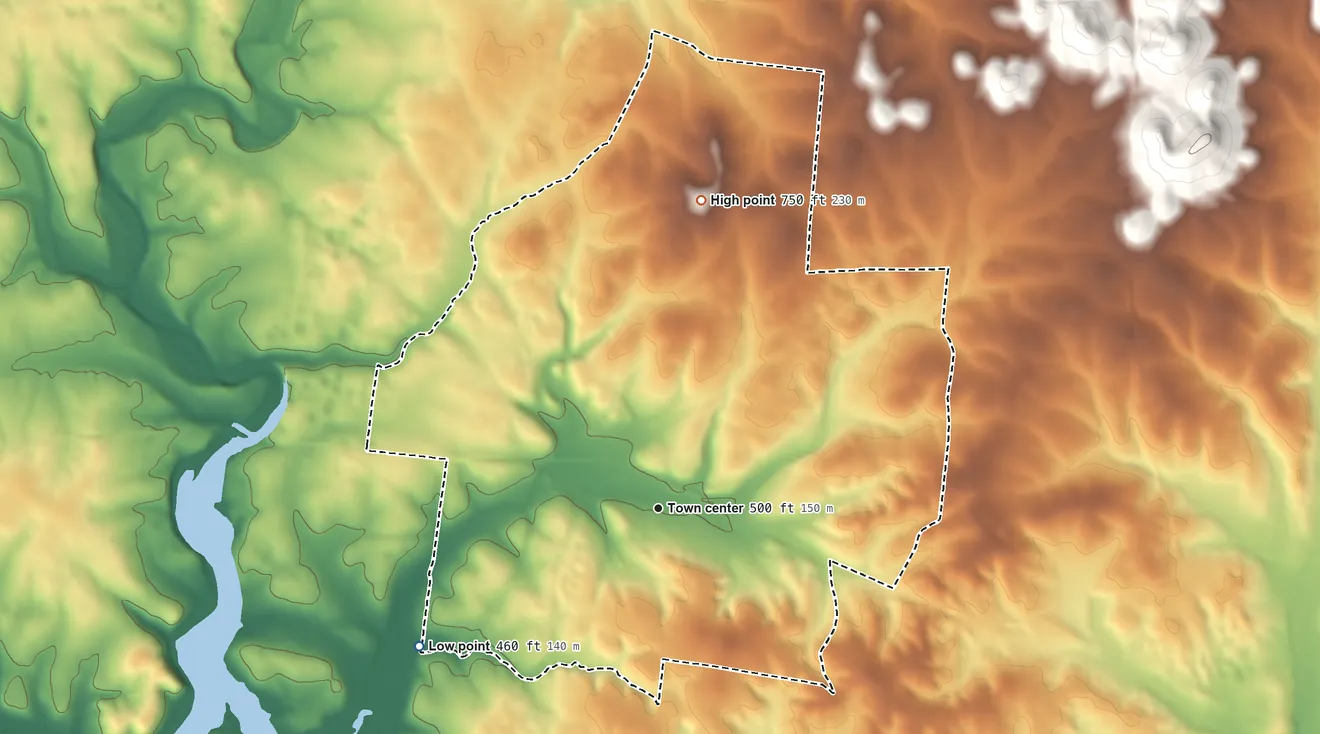 Topographic elevation map of Castalian Springs, Tennessee, shaded from 460 ft on the southwest side to 750 ft on the north side