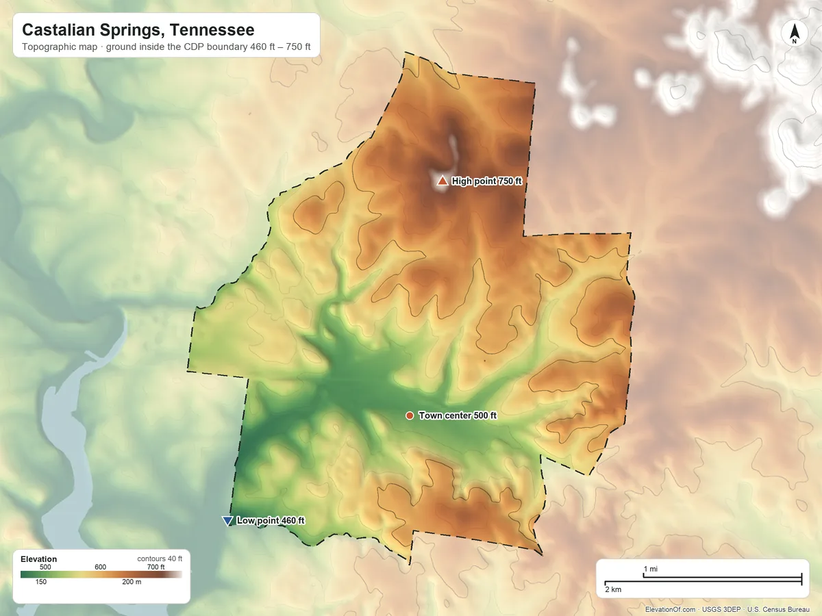 Topographic elevation map of Castalian Springs, Tennessee, shaded from 460 ft on the southwest side to 750 ft on the north side