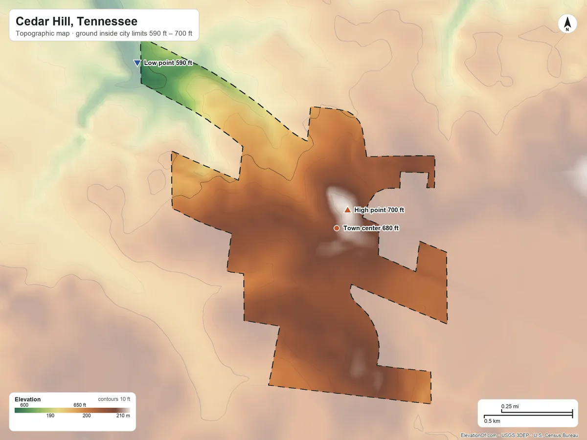 Topographic elevation map of Cedar Hill, Tennessee, shaded from 590 ft on the northwest side to 700 ft near the middle