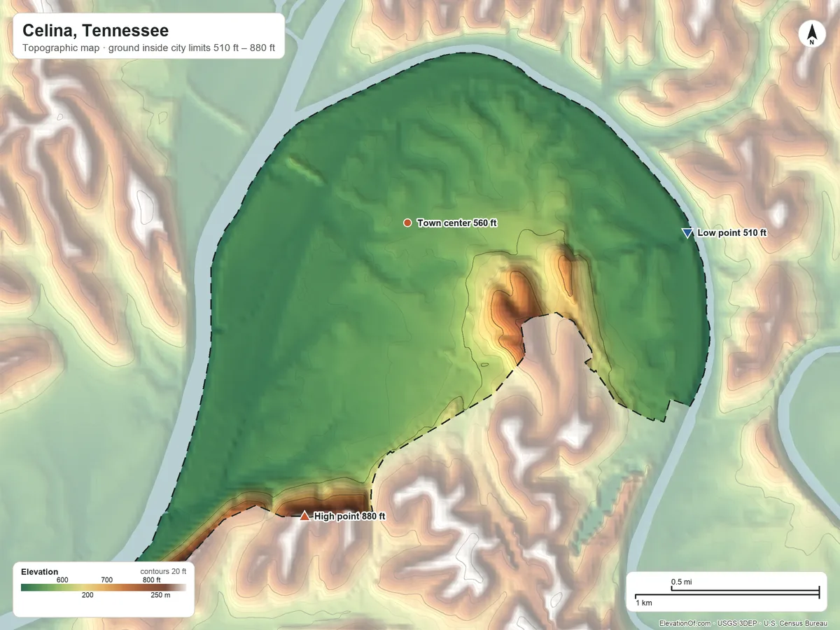 Topographic elevation map of Celina, Tennessee, shaded from 510 ft on the east side to 880 ft on the south side