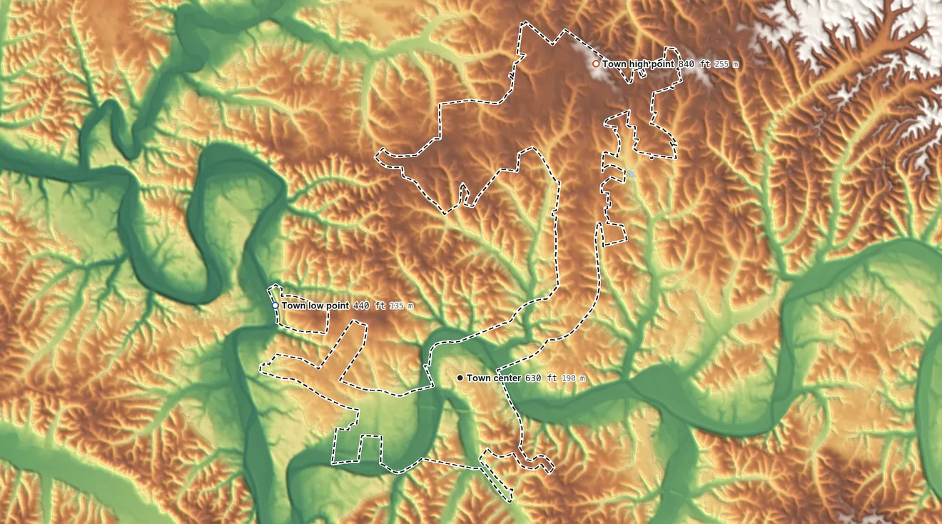 Topographic elevation map of Centerville, Tennessee, shaded from 440 ft on the west side to 840 ft on the northeast side