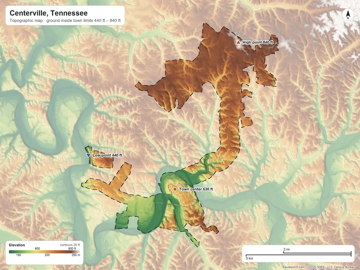 Topographic elevation map of Centerville, Tennessee, shaded from 440 ft on the west side to 840 ft on the northeast side