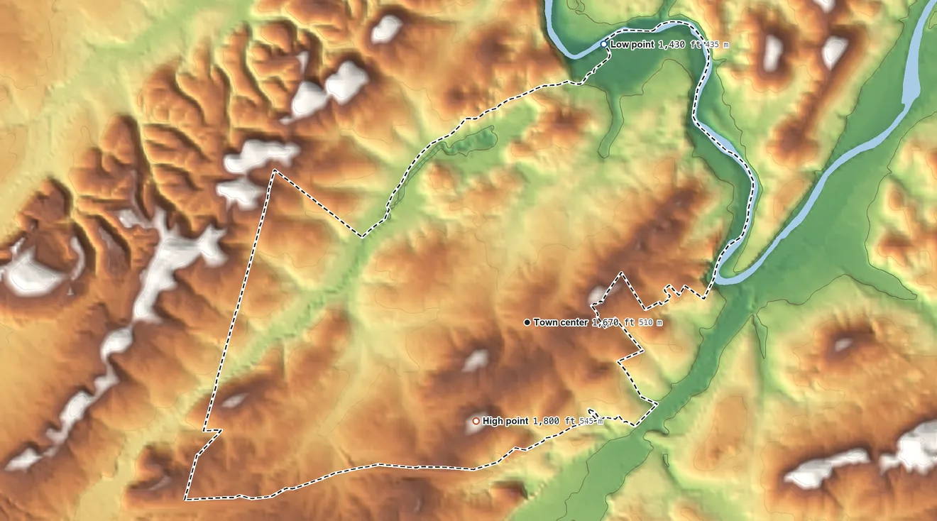Topographic elevation map of Central, Tennessee, shaded from 1,430 ft on the north side to 1,800 ft on the southwest side