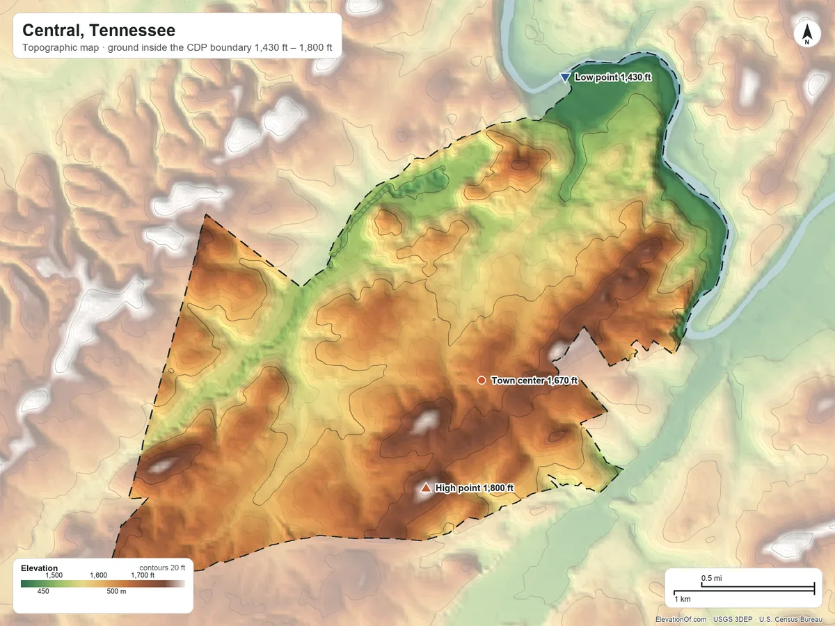 Topographic elevation map of Central, Tennessee, shaded from 1,430 ft on the north side to 1,800 ft on the southwest side