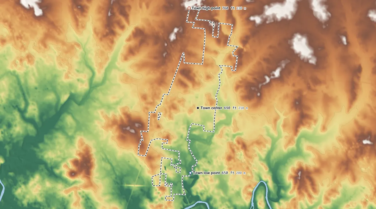 Topographic elevation map of Chapel Hill, Tennessee, shaded from 650 ft on the south side to 760 ft on the north side