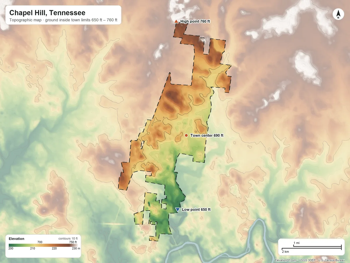 Topographic elevation map of Chapel Hill, Tennessee, shaded from 650 ft on the south side to 760 ft on the north side