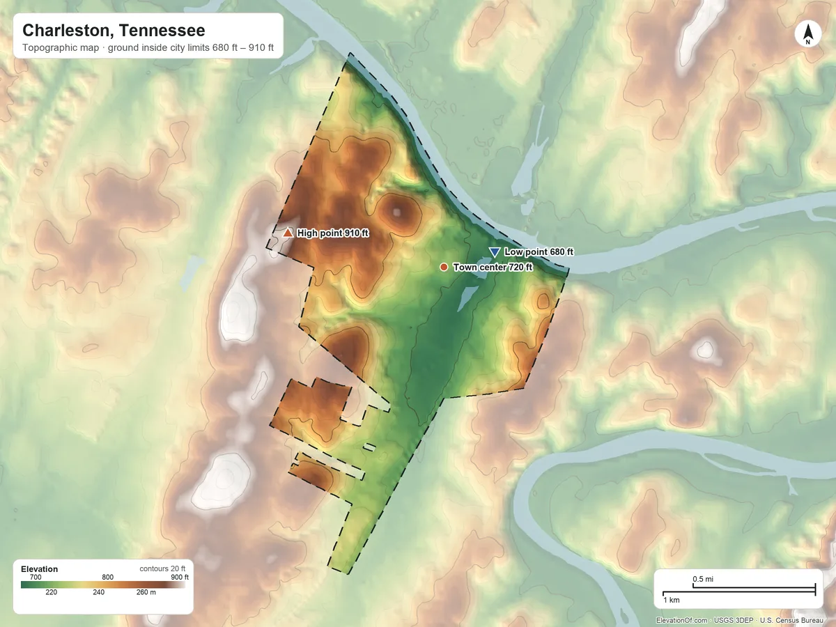 Topographic elevation map of Charleston, Tennessee, shaded from 680 ft near the middle to 910 ft on the west side