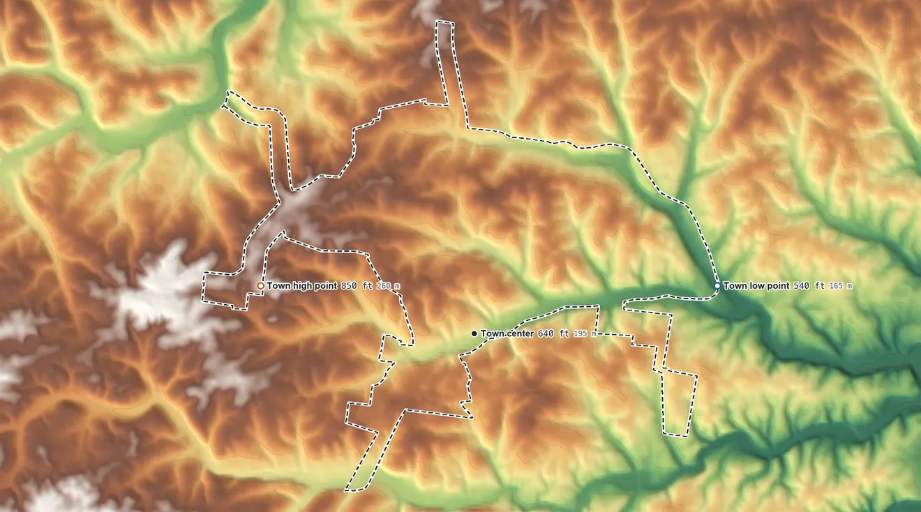 Topographic elevation map of Charlotte, Tennessee, shaded from 540 ft on the east side to 850 ft on the west side