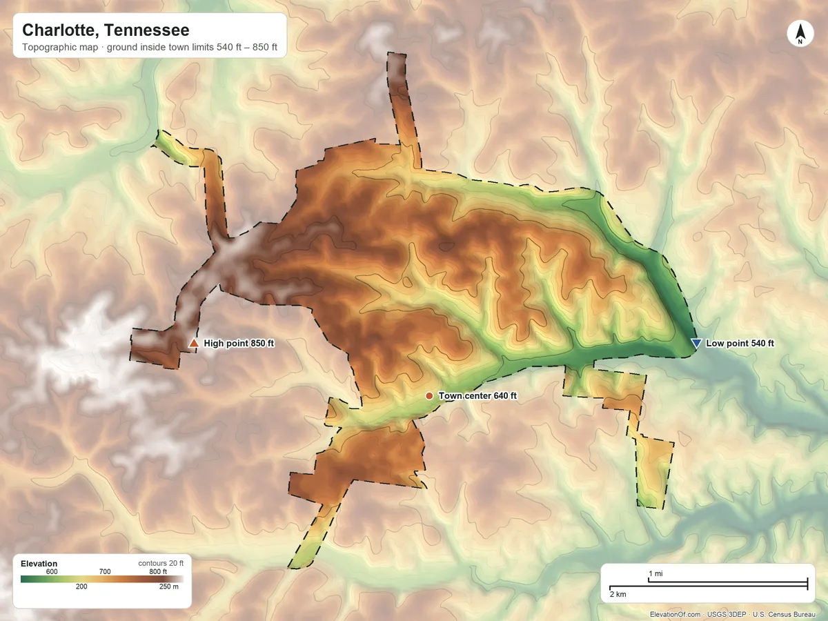 Topographic elevation map of Charlotte, Tennessee, shaded from 540 ft on the east side to 850 ft on the west side