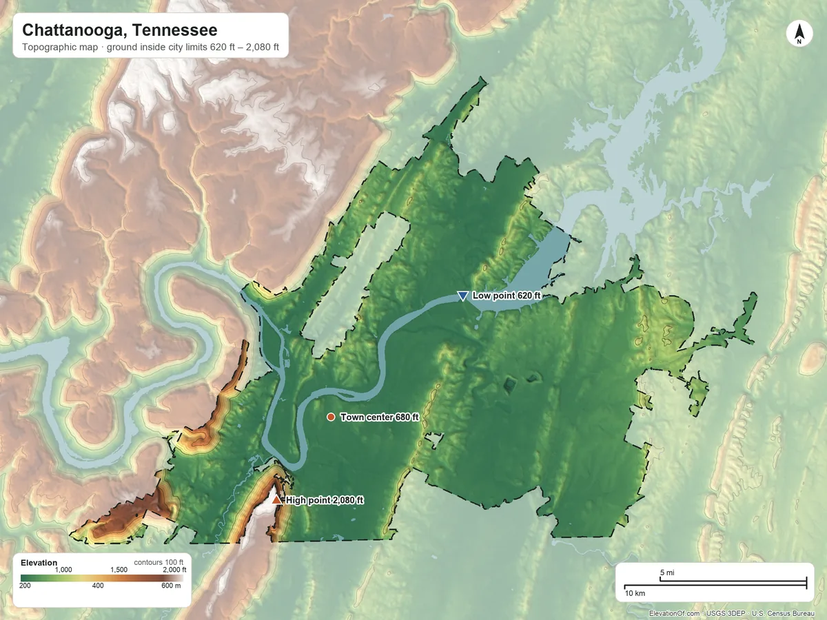 Topographic elevation map of Chattanooga, Tennessee, shaded from 620 ft on the northeast side to 2,080 ft on the southwest side