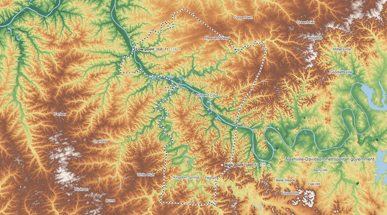 Topographic elevation map of Cheatham County, Tennessee, shaded from 360 ft on the northwest side to 900 ft on the southeast side