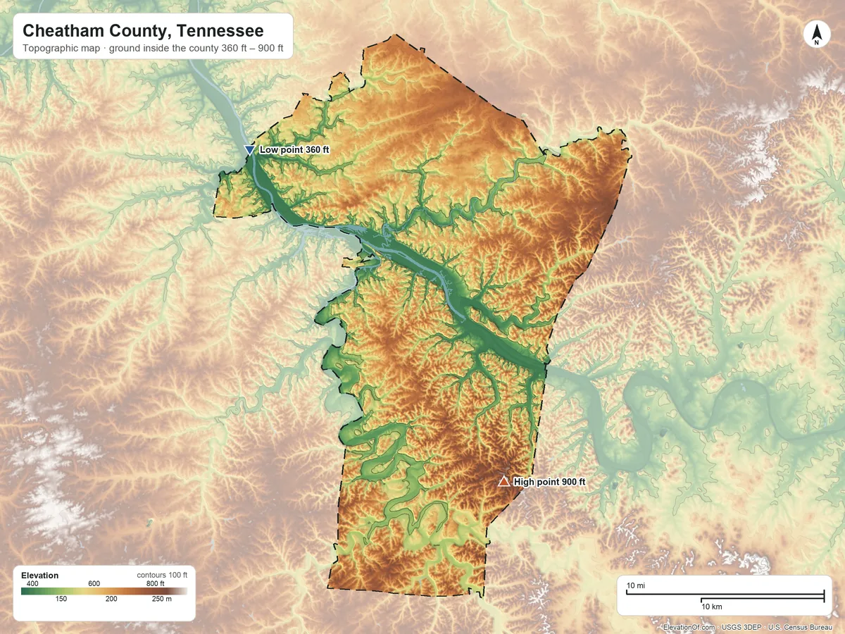 Topographic elevation map of Cheatham County, Tennessee, shaded from 360 ft on the northwest side to 900 ft on the southeast side