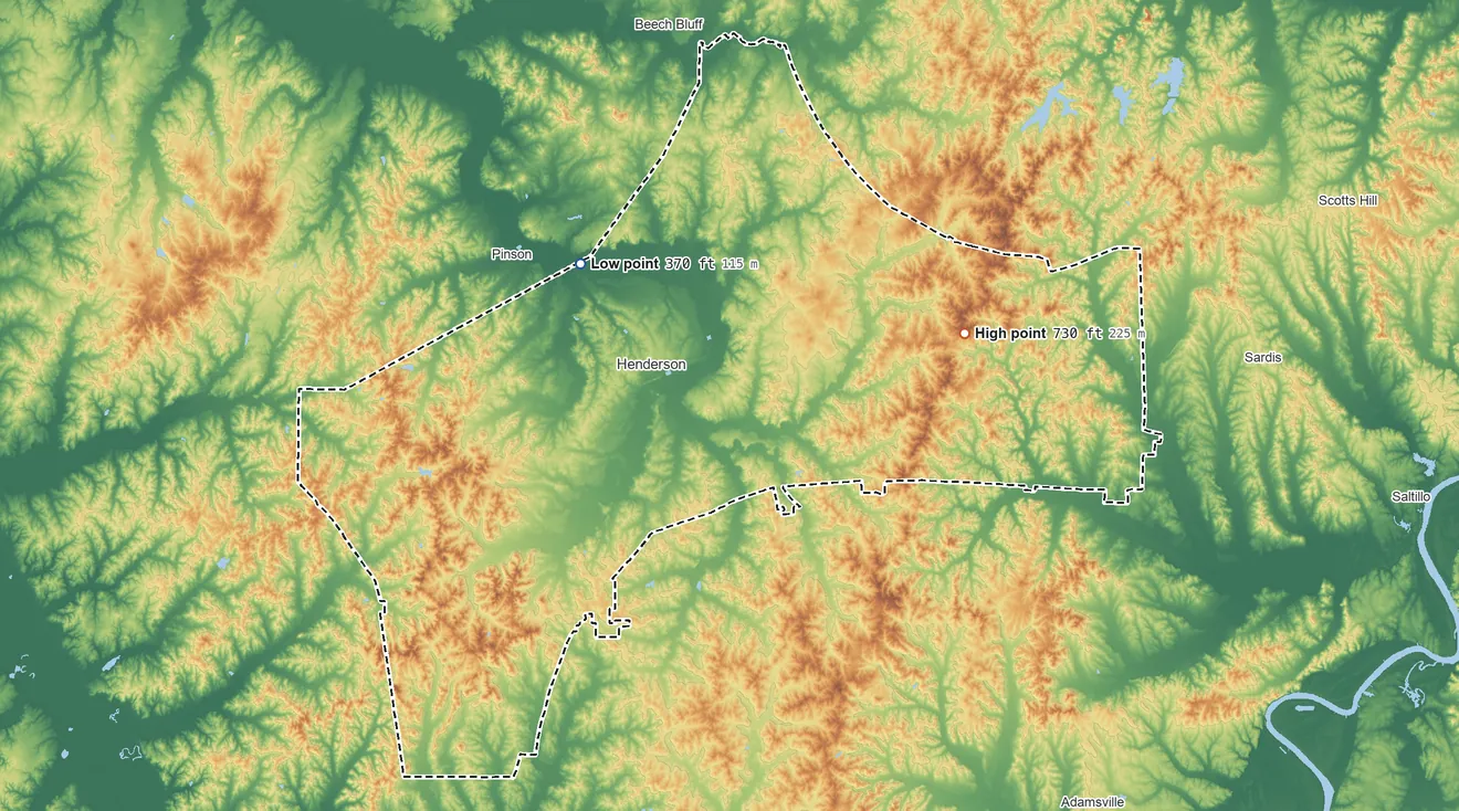 Topographic elevation map of Chester County, Tennessee, shaded from 370 ft on the northwest side to 730 ft on Sand Mountain