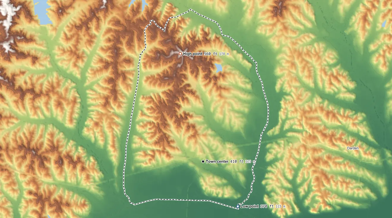 Topographic elevation map of Chesterfield, Tennessee, shaded from 370 ft on the southeast side to 560 ft on the north side