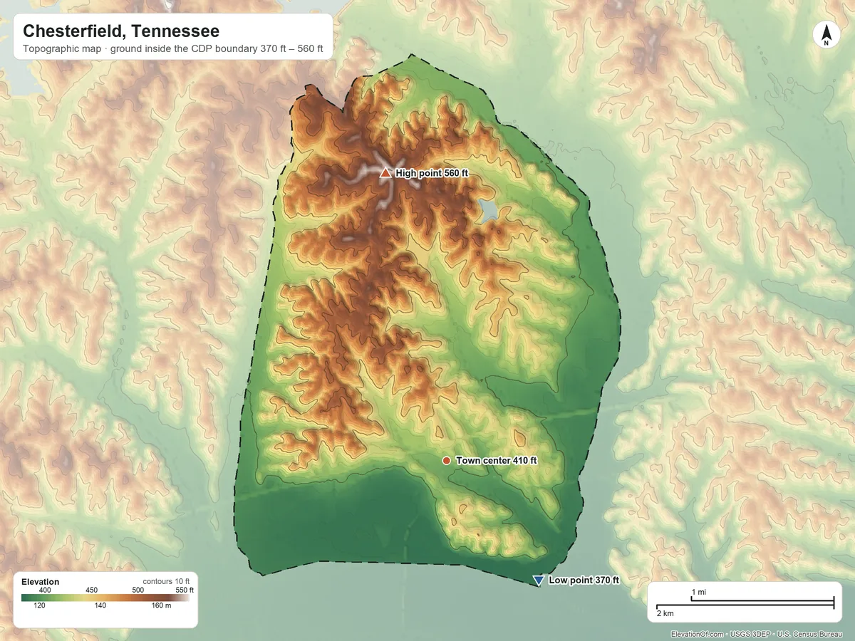 Topographic elevation map of Chesterfield, Tennessee, shaded from 370 ft on the southeast side to 560 ft on the north side