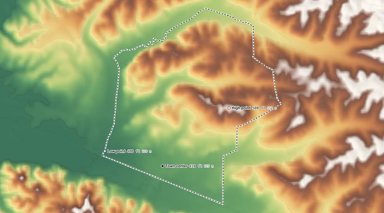 Topographic elevation map of Chewalla, Tennessee, shaded from 400 ft on the west side to 500 ft on the northeast side