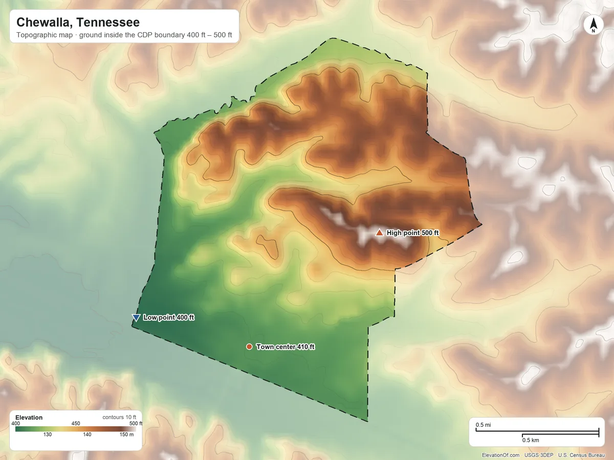 Topographic elevation map of Chewalla, Tennessee, shaded from 400 ft on the west side to 500 ft on the northeast side