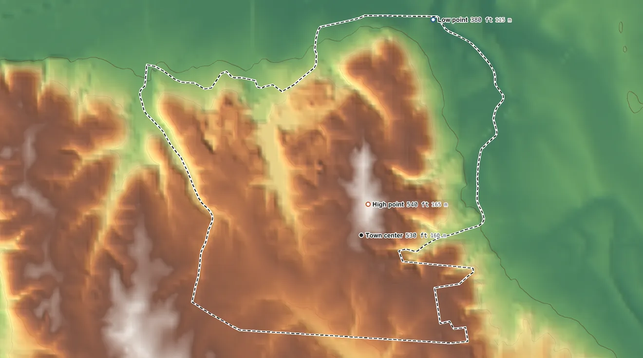 Topographic elevation map of Childers Hill, Tennessee, shaded from 380 ft on the north side to 540 ft near the middle