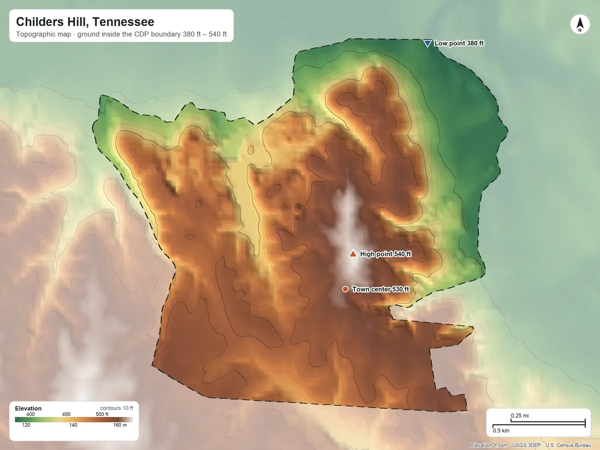 Topographic elevation map of Childers Hill, Tennessee, shaded from 380 ft on the north side to 540 ft near the middle