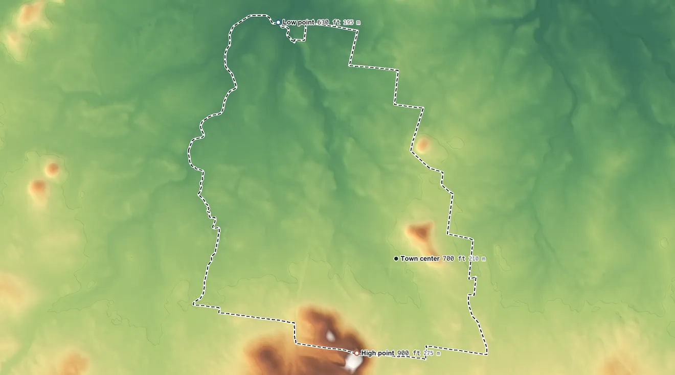 Topographic elevation map of Christiana, Tennessee, shaded from 630 ft on the northwest side to 900 ft on the southwest side