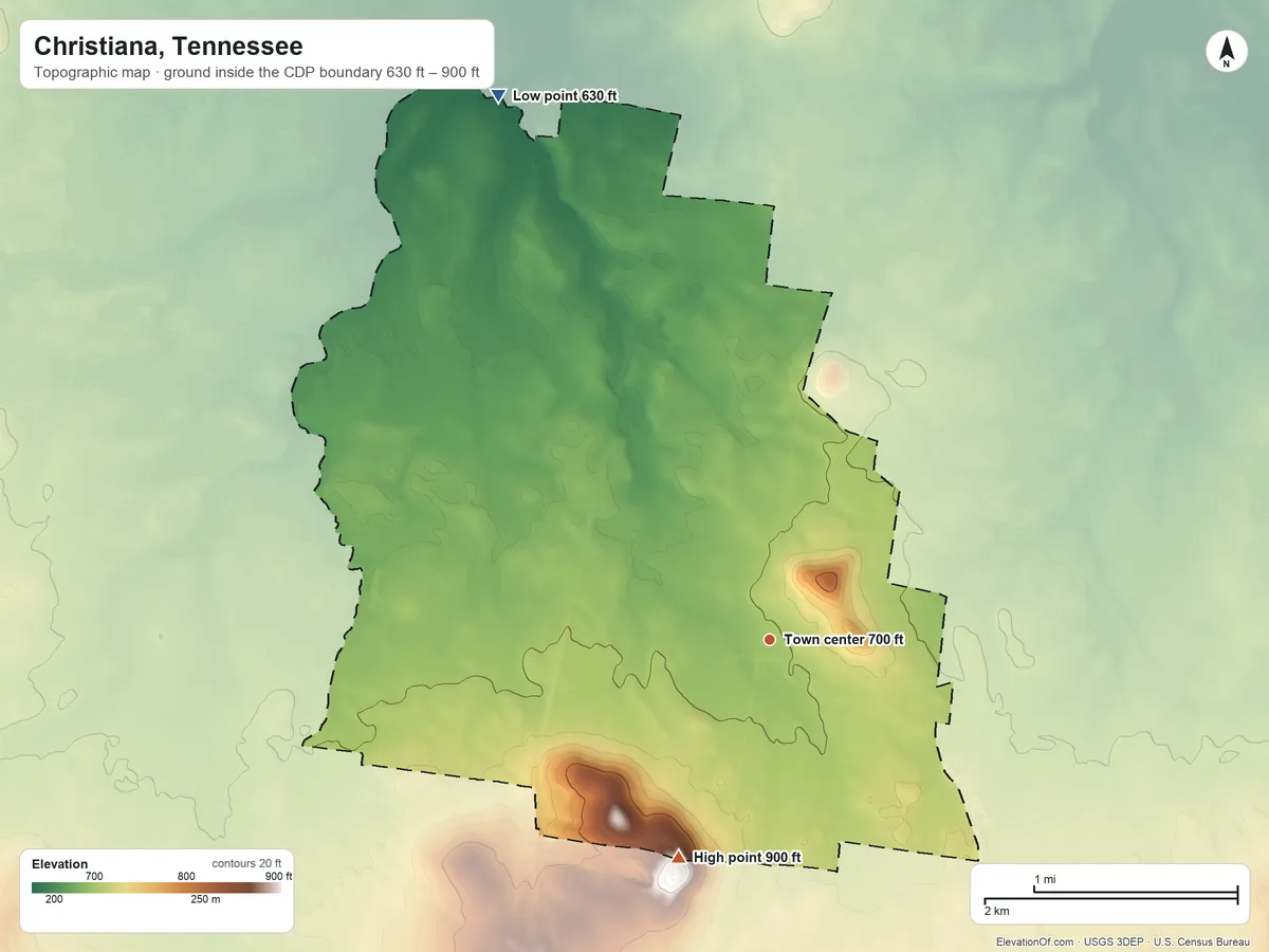 Topographic elevation map of Christiana, Tennessee, shaded from 630 ft on the northwest side to 900 ft on the southwest side