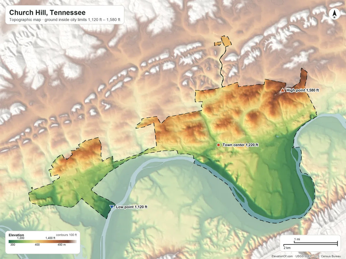 Topographic elevation map of Church Hill, Tennessee, shaded from 1,120 ft on the southwest side to 1,580 ft on the northeast side