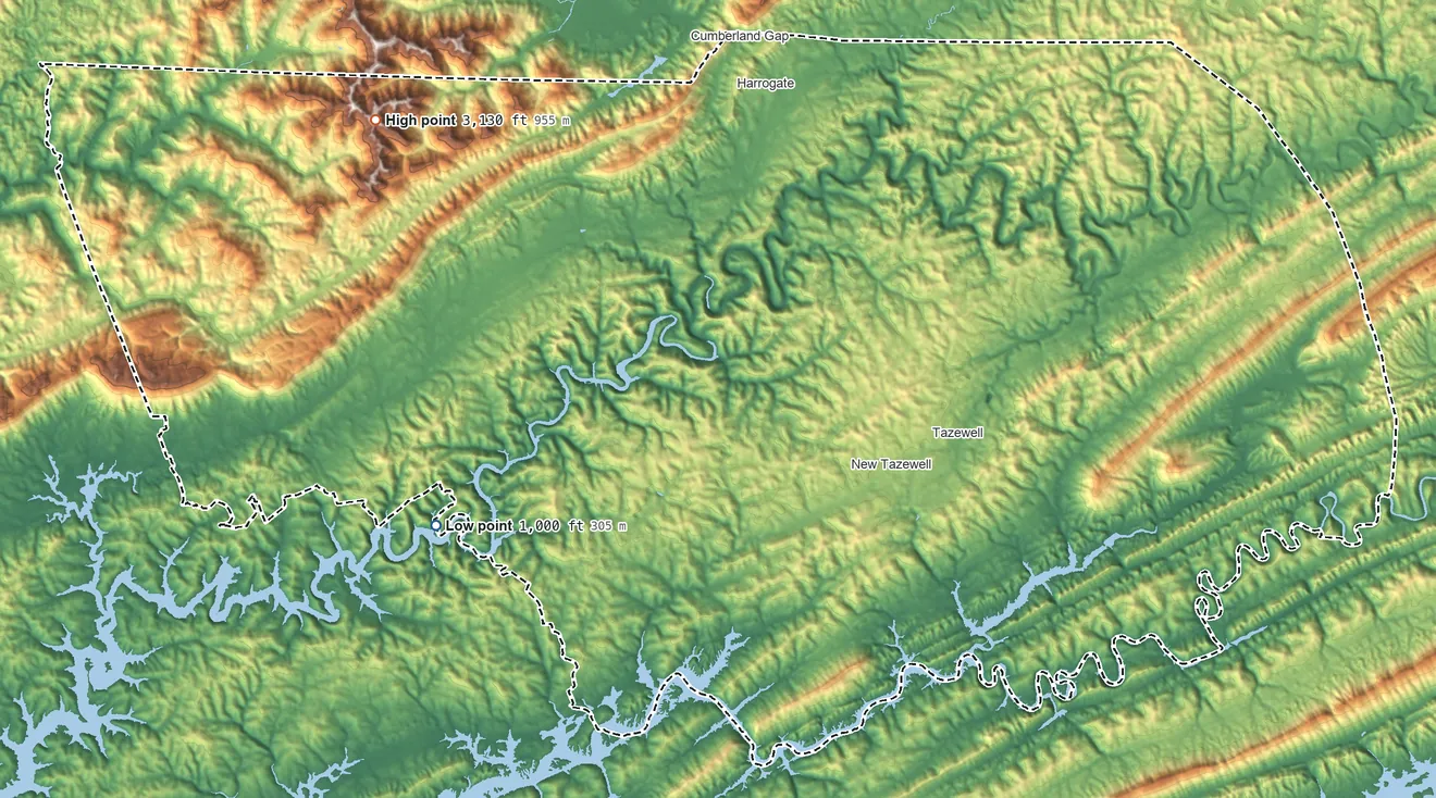 Topographic elevation map of Claiborne County, Tennessee, shaded from 1,000 ft on the southwest side to 3,130 ft on Bryson Mountain