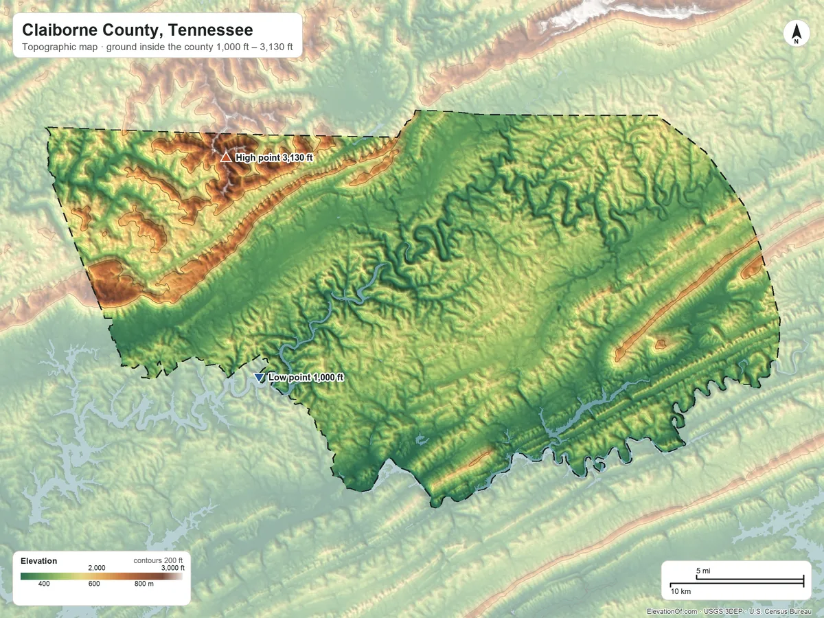 Topographic elevation map of Claiborne County, Tennessee, shaded from 1,000 ft on the southwest side to 3,130 ft on Bryson Mountain