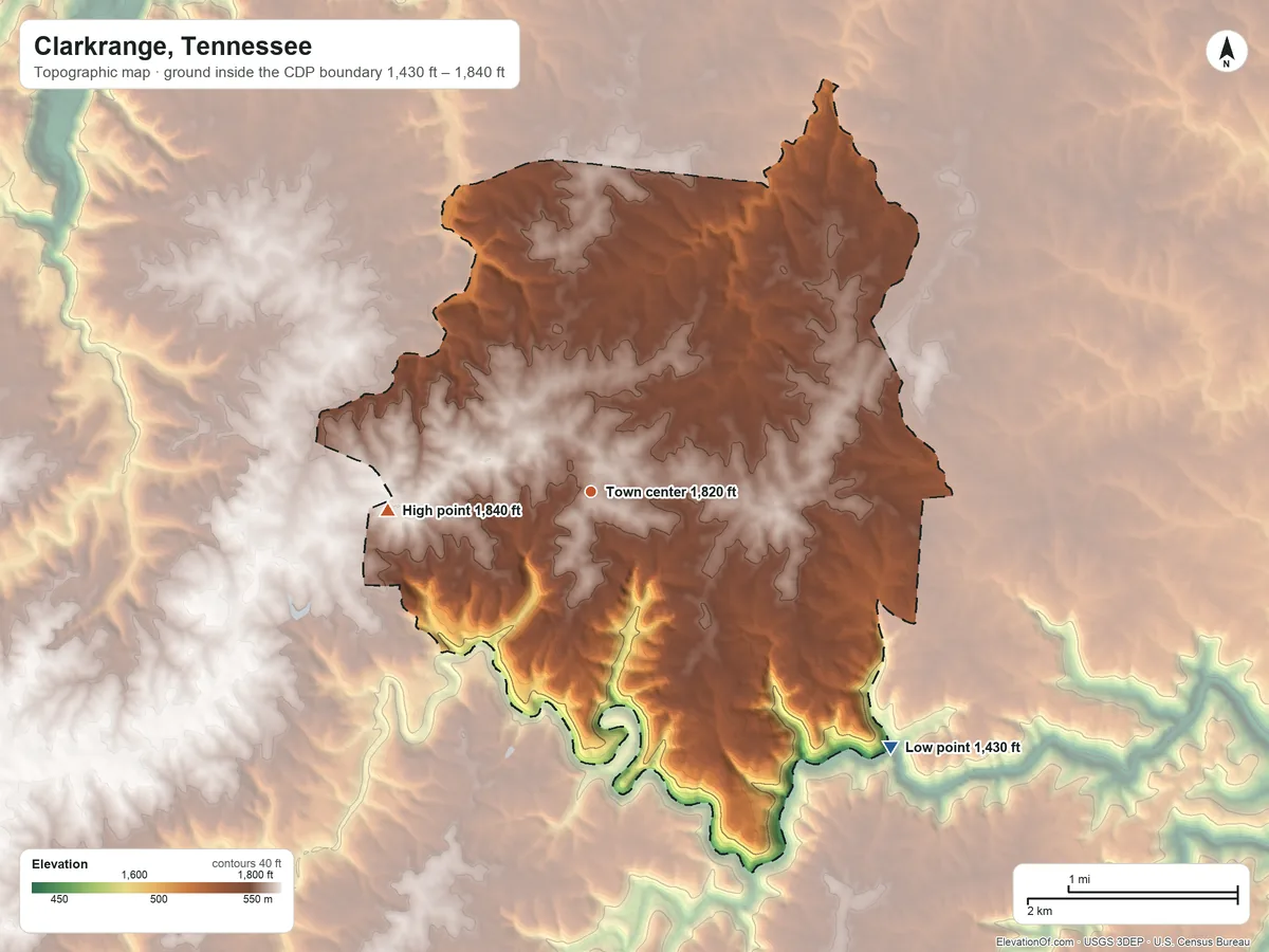 Topographic elevation map of Clarkrange, Tennessee, shaded from 1,430 ft on the southeast side to 1,840 ft on the west side