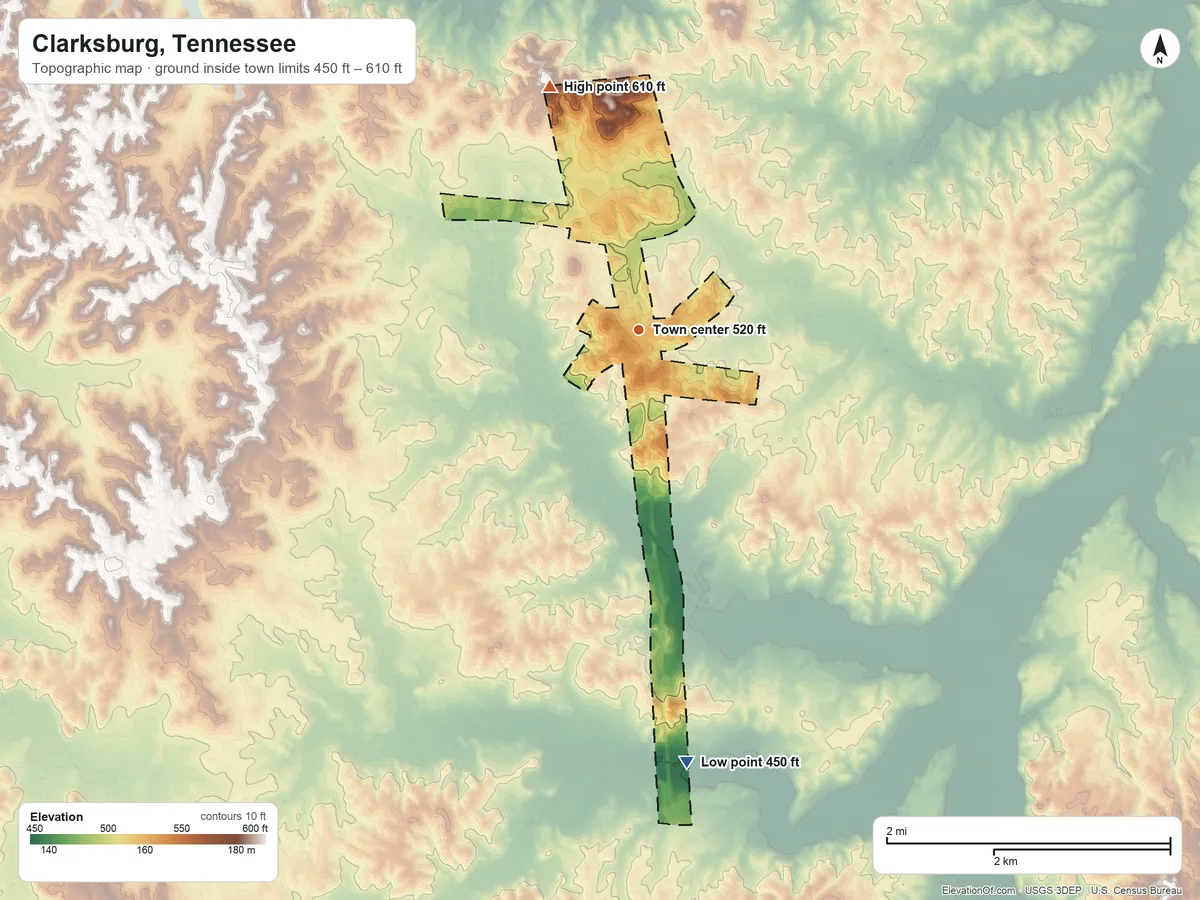 Topographic elevation map of Clarksburg, Tennessee, shaded from 450 ft on the south side to 610 ft on the north side