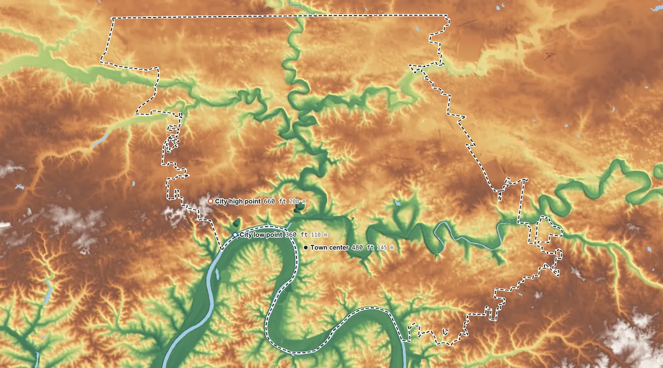Topographic elevation map of Clarksville, Tennessee, shaded from 360 ft on the west side to 660 ft on the northwest side