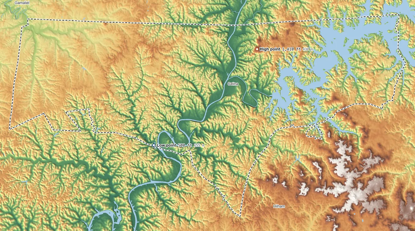 Topographic elevation map of Clay County, Tennessee, shaded from 500 ft on the southwest side to 1,410 ft on Pilot Knob