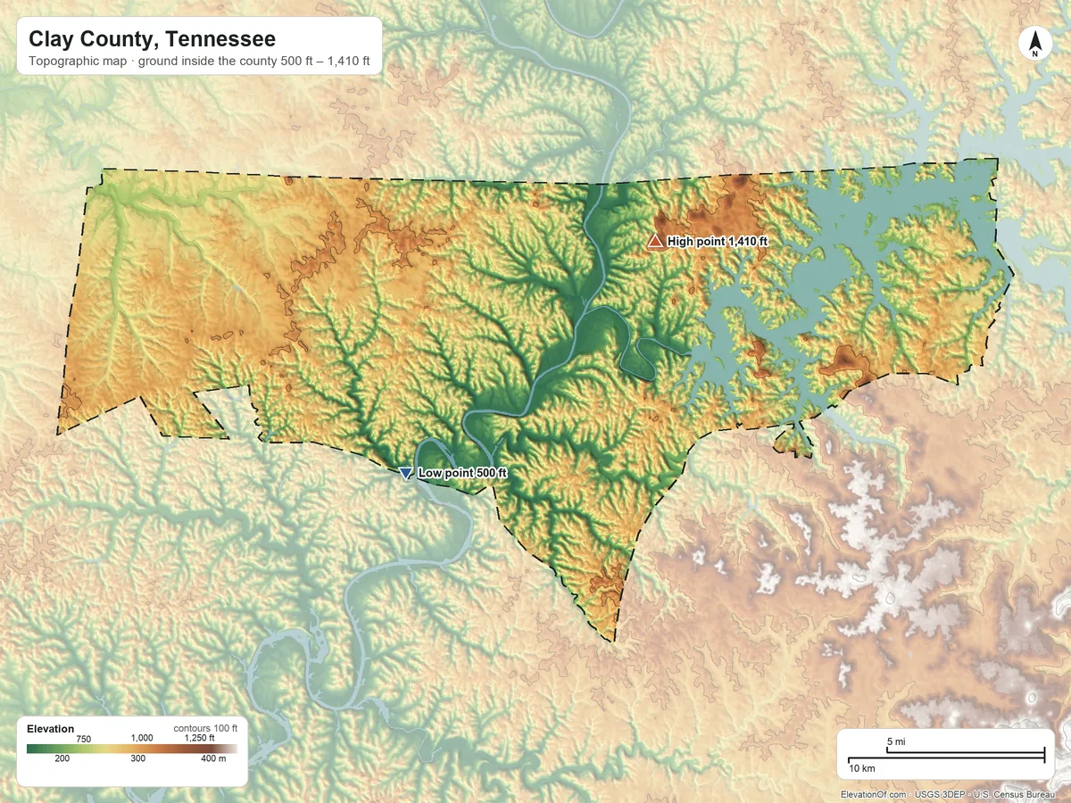 Topographic elevation map of Clay County, Tennessee, shaded from 500 ft on the southwest side to 1,410 ft on Pilot Knob