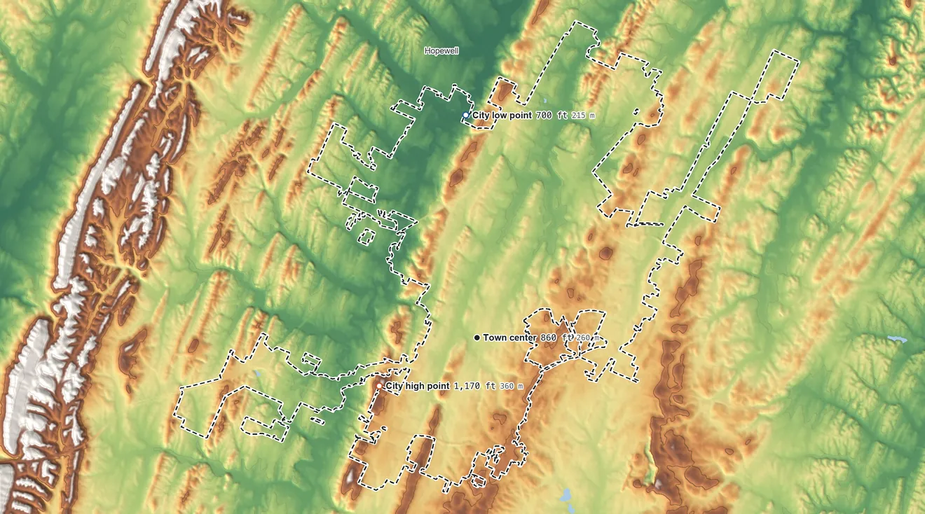 Topographic elevation map of Cleveland, Tennessee, shaded from 700 ft on the north side to 1,170 ft on the southwest side