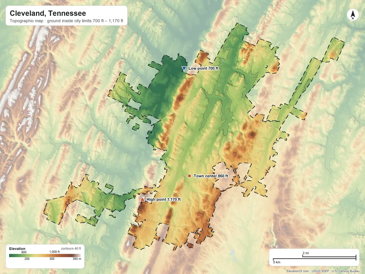 Topographic elevation map of Cleveland, Tennessee, shaded from 700 ft on the north side to 1,170 ft on the southwest side